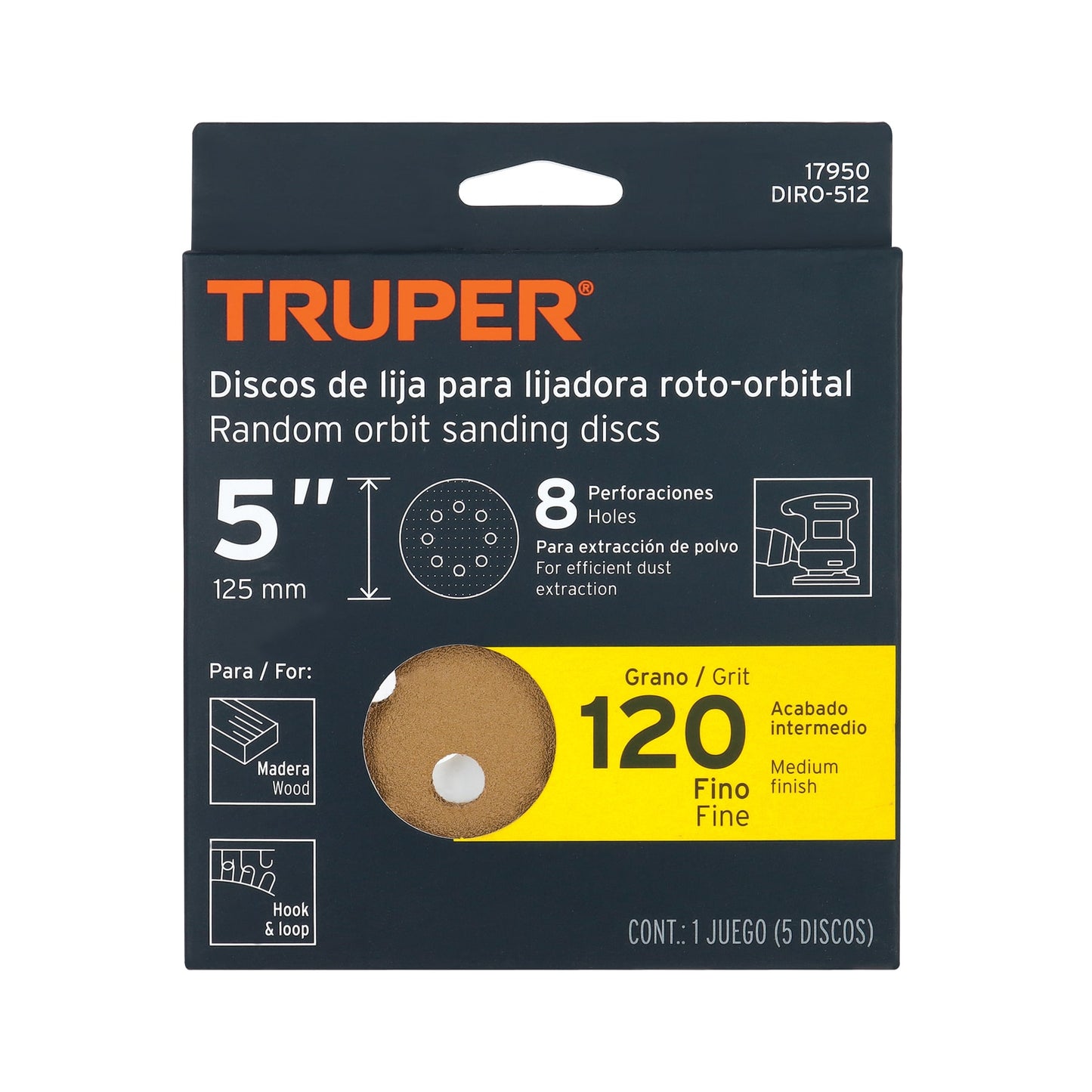 Disco de Lija Roto Orbital 5", Grano 120, 8 Orificios