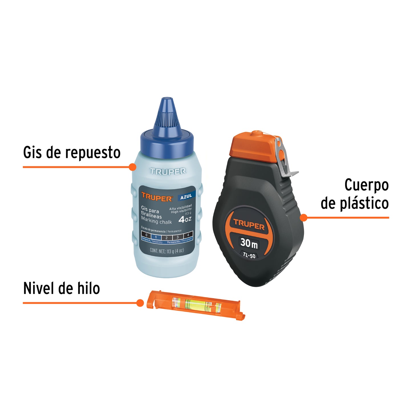 Tiralíneas de Plástico y Nivel Con Gis - 30 Metros