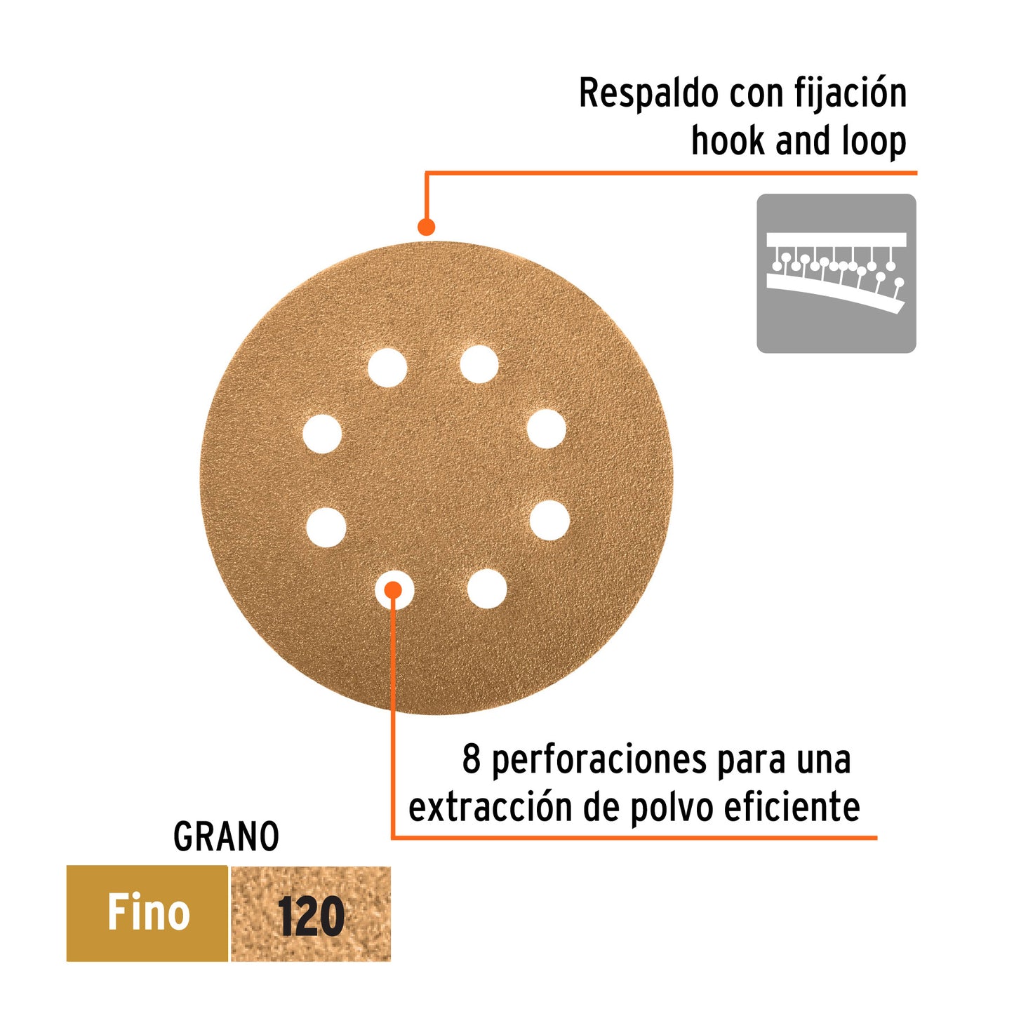 Disco de Lija Roto Orbital 5", Grano 120, 8 Orificios