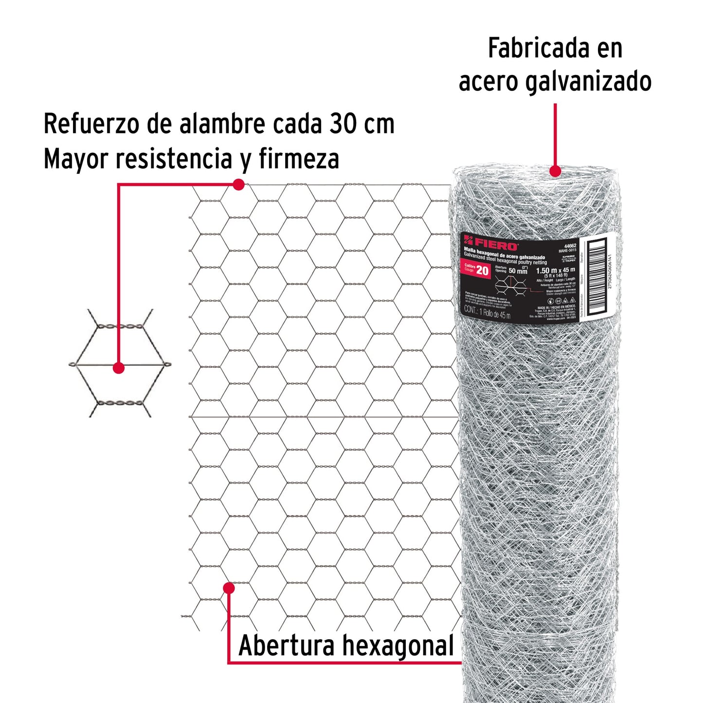 Malla Hexagonal 45 x 1.5 m, Calibre 20, Abertura 50 mm