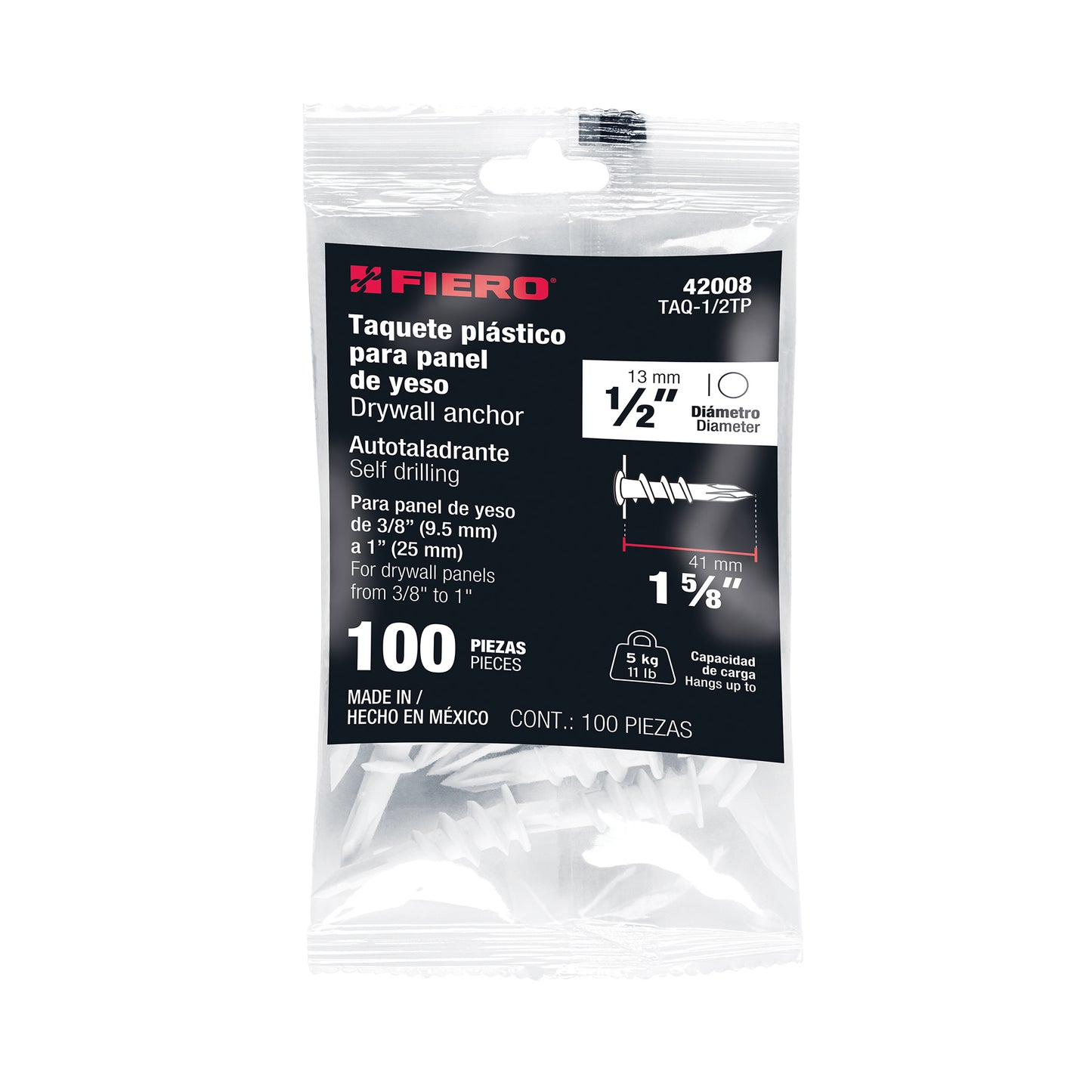 Taquete 1/2" Plastic para Panel de Yeso - Paquete 100 Piezas